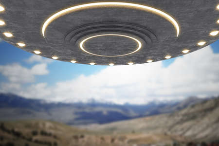 Creative gray UFO flying on beautiful scene background. Spaceship and aliens concept. 3D Renderingの写真素材