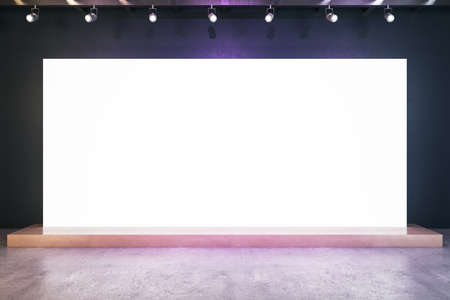 Illuminated clean white billboard in interior with concrete flooring and mock up place for your advertisement. 3D Renderingの写真素材
