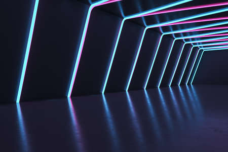 Dark futuristic interior room with neon lights. Design concept. 3D Rendering