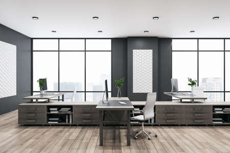 Clean bright coworking office interior with window and city view, wooden flooring, daylight,...