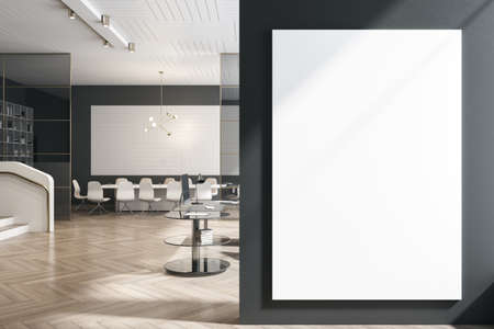 Modern meeting room interior with large table, wooden flooring, equipment, glass windows and...