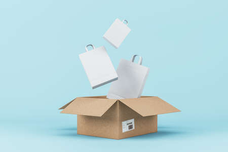 Carton box with shopping bags on blue background. Delivery service concept. 3D Rendering