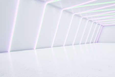 White futuristic room interior with neon lights. Design concept. 3D Renderingの写真素材