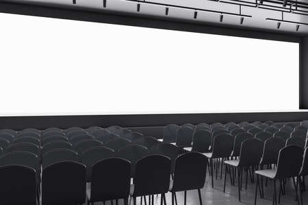 Contemporary gray auditorium with seating and empty screen with mock up place for your advertisement. Show premiere and entertainment concept. 3D Renderingの写真素材