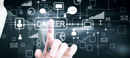 Businessman hand pointing at creative business sketch with charts and graphs on blue background. Career, success, training, technology, communication, finance and solution conceptの写真素材