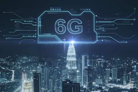 Creative glowing 6G chip hologram on blurry night city background. Wireless information and future concept. Double exposureの写真素材
