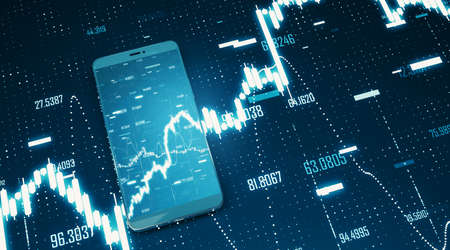 Close up of mobile phone with creative forex chart on blue background. Trade, finance, technology...