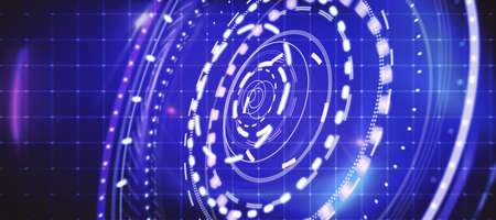 Abstract round digital blue interface on dark grid background. HUD, innovation, digital transformation and data concept. 3D Rendernigの写真素材