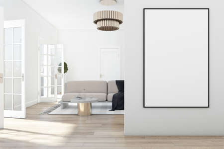 Modern white living room interior with empty mock up poster, furniture, wooden floor, sofa with...