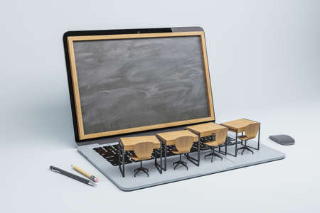 Creative laptop blackboard screen classrom on light background. Online education, seminar, workshop and knowledge concept. Mock up, 3D Renderingの写真素材