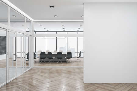 Modern glass meeting room office interior with empty mockup place, window and city view, furniture,...