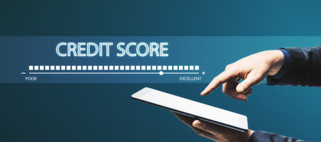 Hand pointing at tablet creative credit score bar on blue background. Financial performance and history conceptの写真素材