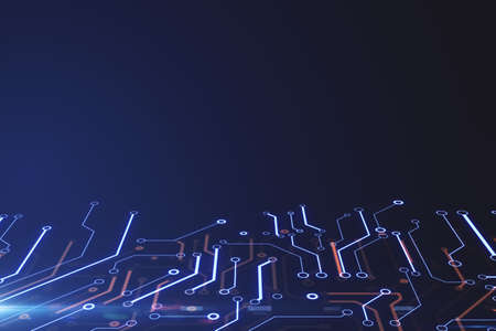Creative glowing digital circuit texture with blue mock up place for your advertisement. Technology and innovation concept. 3D Renderingの写真素材