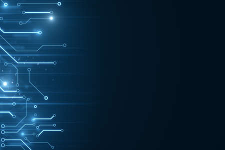 Creative glowing digital circuit backdrop with blue mock up place for your advertisement. Technology...