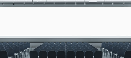 Panoramic gray auditorium with seating and empty screen with mock up place for your advertisement. Show premiere and entertainment concept. 3D Renderingの写真素材