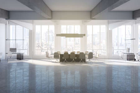 Modern concrete glass office interior with equipment, city view, furniture, devices and daylight. 3D Renderingの写真素材