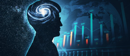 Abstract dark man head space outline with forex chart. Brainstorm and trade concept