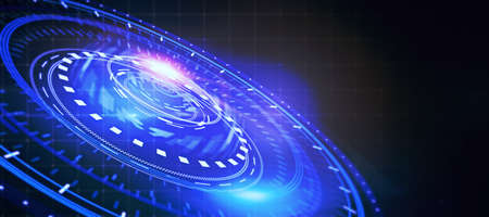 Abstract round digital blue interface on dark grid background with mock up place. HUD, innovation,...