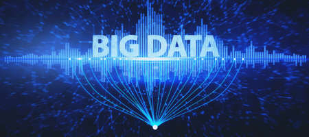 Creative wide panoramic blue big data backdrop. Technology and digital science concept. 3D Renderingの写真素材