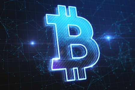 Creative polygonal bitcoin hologram on dark blue grid background. Cryptocurrency and finance...