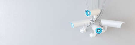 Close up of white CCTV camera on concrete wall background with mock up place. Supervision concept....