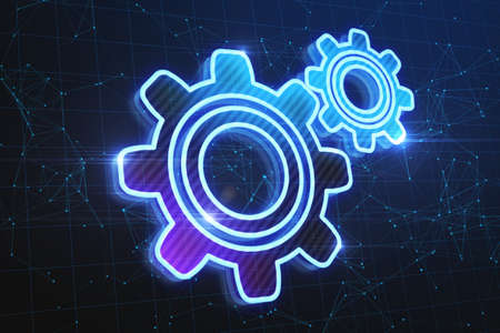 Abstract glowing gears on blue background with connections. Digital engineering and industry concept. 3D Renderingの写真素材