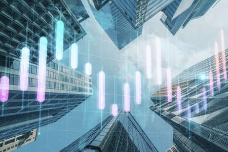 Abstract city view background with glowing business graph and map. Global investment and profit...