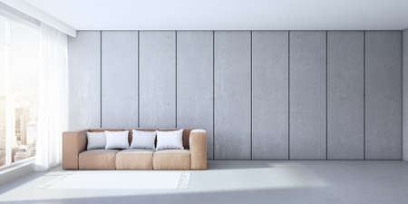 Modern concrete office interior with couch, pillows and window with city view and daylight. 3D Renderingの写真素材