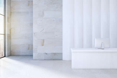 Modern white office lobby interior with reception desk and daylight. 3D Rendering.の写真素材