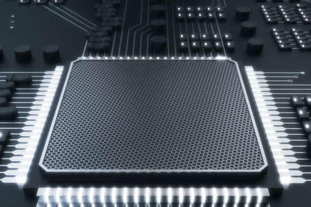 Dark gray chip background. Circuit, technology and hardware concept. 3D Rendering