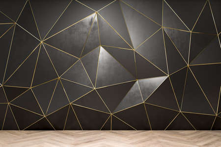 Modern interior with black polygonal wall and wooden flooring. Design concept. 3D Renderingの写真素材