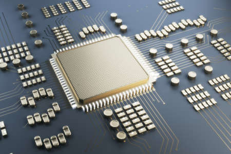 Creative golden chip background. Circuit, technology and hardware concept. 3D Renderingの写真素材