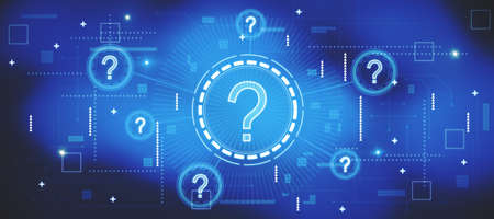 Abstract glowing question marks interface on blurry blue background. Technology, business help and faq concept. 3D Renderingの写真素材