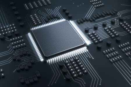 Creative gray chip background. Circuit, technology and hardware concept. 3D Rendering