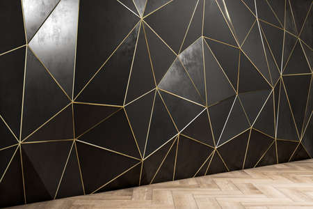Contemporary interior with black polygonal wall and wooden flooring. Design concept. 3D Rendering