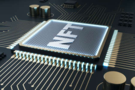 Creative shiny nft chip on gray background. Non-fungible token and hardware concept. 3D Renderingの写真素材