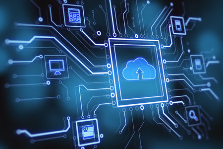 Abstract glowing circuit cloud computing interface on blurry blue bokeh background. Information,...