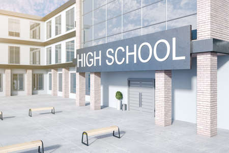 Creative contemporary high school building exterior with benches, glass with reflections and daylight. 3D Renderingの写真素材