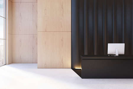 Contemporary black and wooden office lobby with reception desk. Waiting area concept. 3D Renderingの写真素材