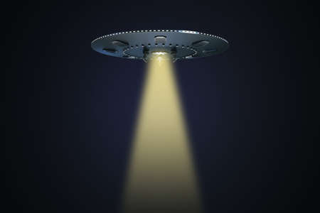 Abstract UFO with light on dark background with mock up place. Spaceship, technology and mystery...