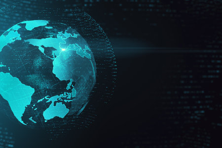 Creative glowing globe interface on dark background with mock up place. Technology, network and online data concept. 3D Renderingの写真素材