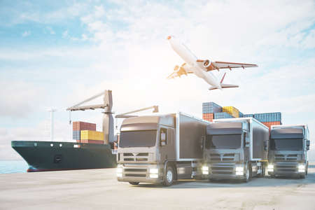 Creative airplane, ship and trucks with cargo in daylight. Delivery, storage and logistics concept. 3D Renderingの写真素材