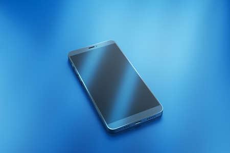 Empty smartphone with reflections on blue background. Technology and device concept. 3D Renderingの写真素材
