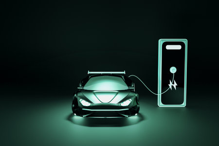 Cool green electro car charging on dark background. Alternative, electricity, vehicle and environment concept. Mock up place. 3D Renderingの写真素材