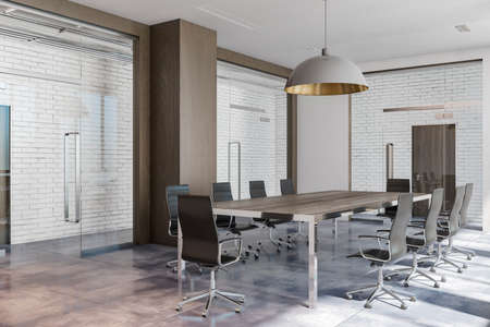 Modern brick and wooden conference room interior. Presentation and work concept. 3D Rendering