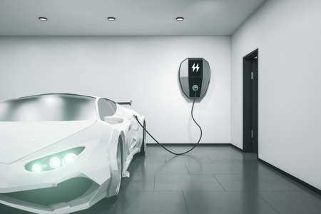 White electric car charging in concrete garage. Electricity and eco concept. 3D Rendering
