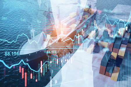 Businessmen shaking hands on abstract double exposure background with forex graph, cargo and cargo...
