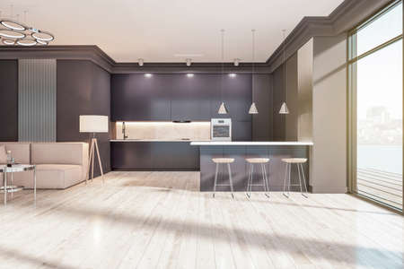 Modern black studio kitchen interior with wooden flooring, window with city view and sunlight. 3D...