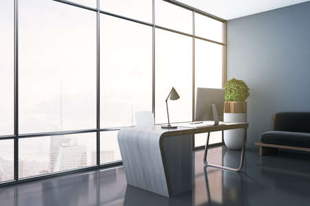 Contemporary design of office interior with panoramic windows, city view, daylight, workplace with desktop and computer monitor and decorative plant. 3D Renderingの写真素材