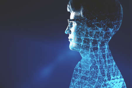 Portrait of attractive young european businessperson with digital lines on blue background with mock...